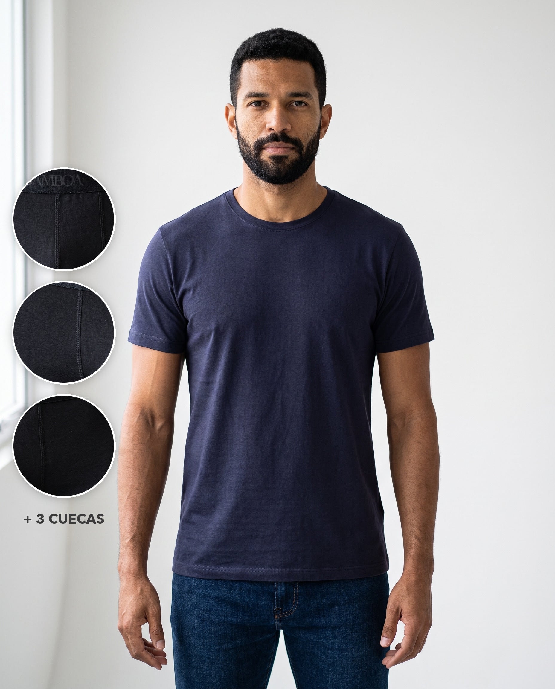 Combo Básico Dia dos Pais: homem vestindo a camiseta Gamboa de gola careca, e ao lado três círculos com o detalhe das cuecas boxer que acompanham o kit