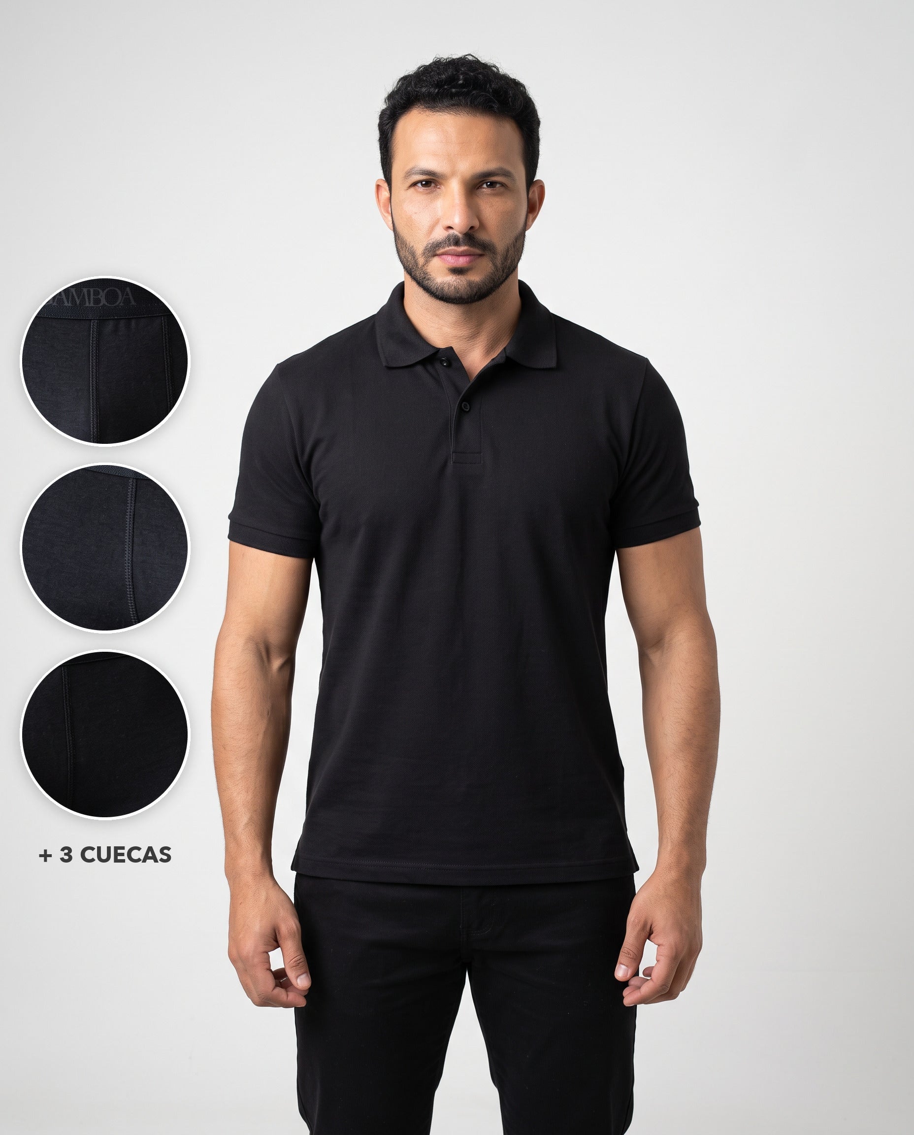 Combo Casual Dia dos Pais: homem vestindo a Polo MC Piquet preta, e ao lado três círculos com o detalhe das cuecas boxer que acompanham o kit