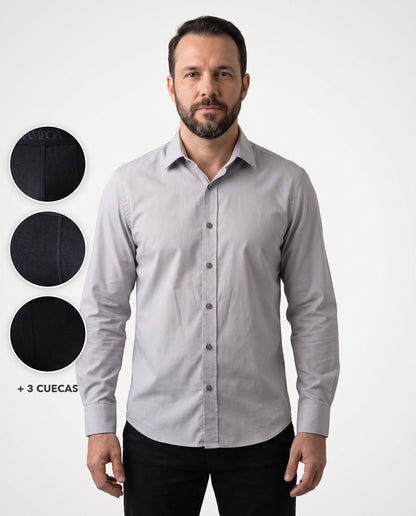 Combo Premium Dia dos Pais: homem vestindo a Camisa Bazis manga longa fio tinto, e ao lado três círculos com o detalhe das cuecas boxer que acompanham o kit