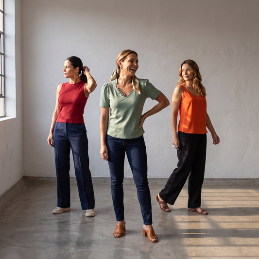 Três mulheres em galpão com luz de janela, cada uma vestindo uma blusa do kit: Isadora vinho canelada, Aparecida verde-sálvia e Juliana laranja