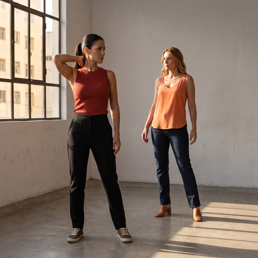 Duas mulheres com as peças do kit: calça preta com regata canelada terracota e regata laranja