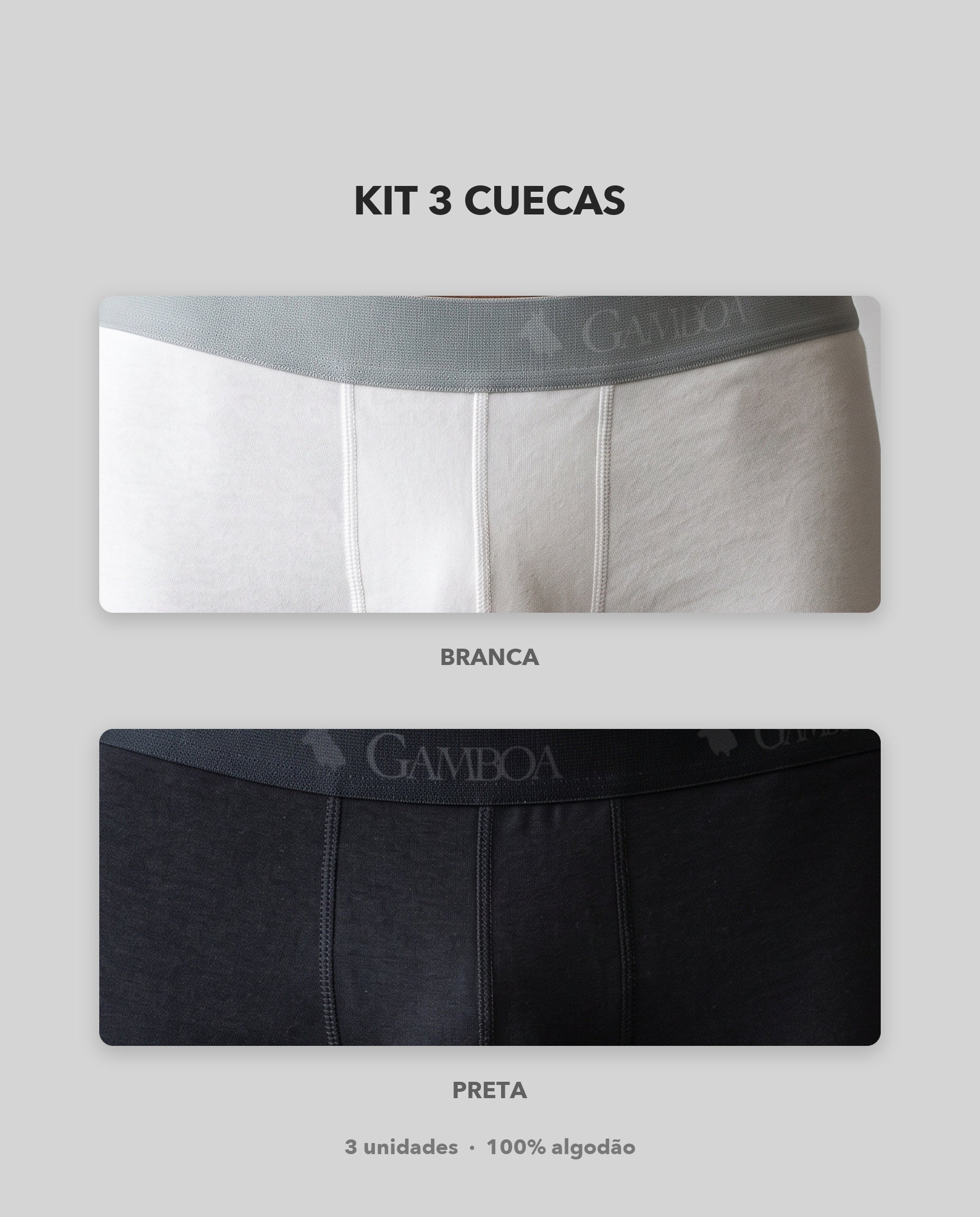 Kit 3 cuecas boxer masculinas 100% algodão, disponível nas cores branca e preta